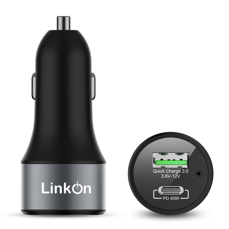 LinkOn 63W USB C Car Charger PPS&PD 3.0(45W) + QC 3.0(18W) Dual Port – Fast Car Charger Compatible with Laptop, Phone & Tablet – MacBook, Dell XPS, HP Spectre, iPad, iPhone, Samsung, Google Pixel Grey-63W