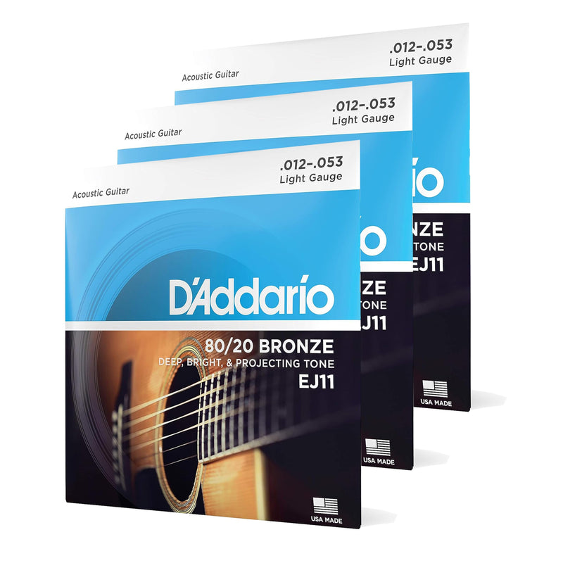 D'Addario Acoustic Guitar Strings, 80/20 Bronze, EJ11-3D, Light Gauge 12-53, 6-String Set, Pack of 3 3-Pack Light, 12-53