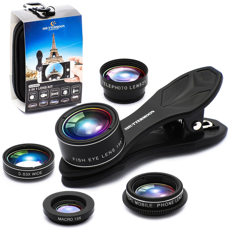 Upgraded Phone Camera Lens Kit (5 in 1) - Macro Lens+Super Wide Angle Lens+Telephoto Zoom Lens+198 Fisheye Lens+CPL for iPhone, Pixel, Samsung, Android, Smartphones 5 in 1