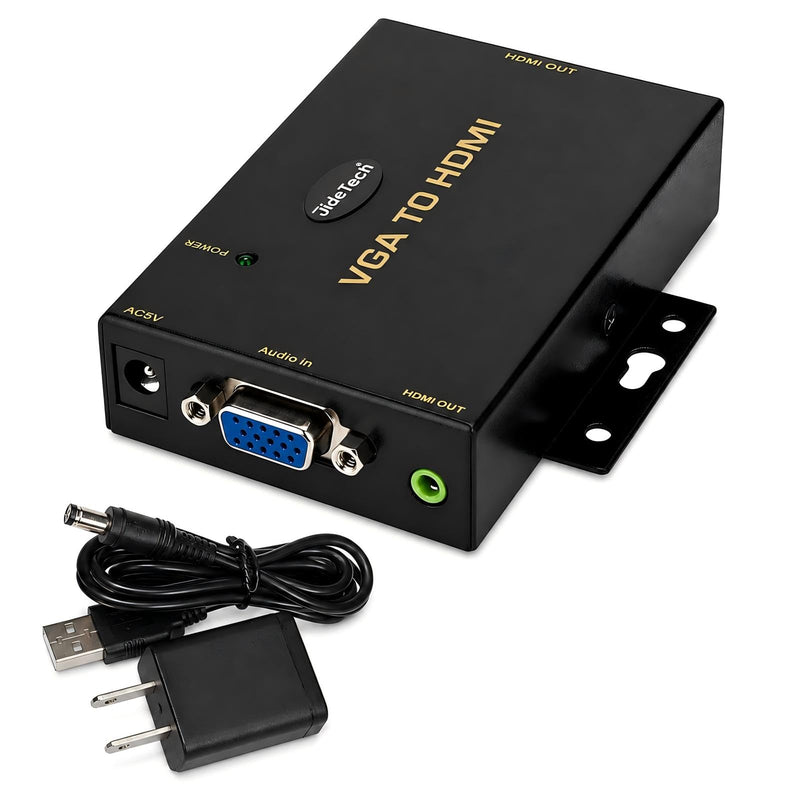 JideTech VGA to HDMI Converter with Audio, One-Way VGA Source to HDMI Display Adapter, 1080P Active Converter, DC 5V Powered, 3.5mm Audio Input, for HDTV, Monitor and Projector