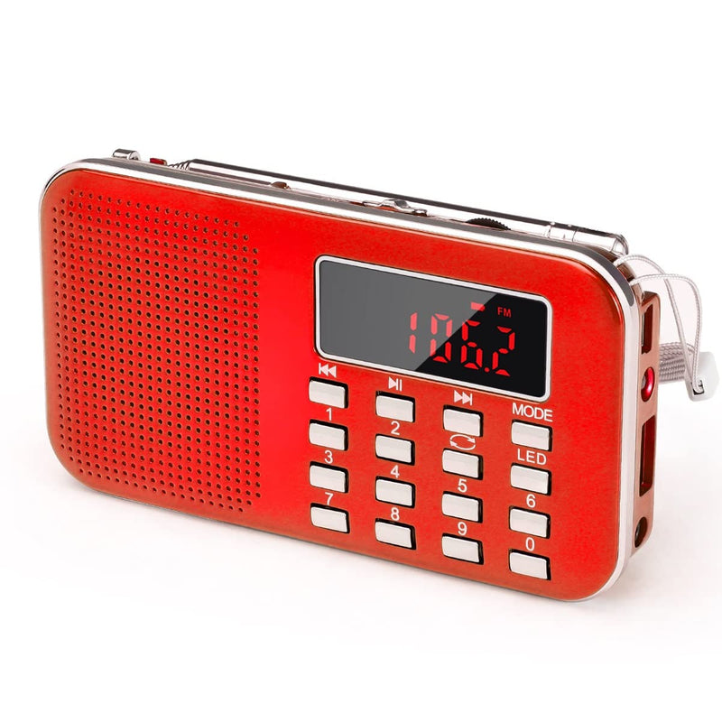 [AUSTRALIA] - PRUNUS Mini Portable Radio AM FM Pocket Radio with MP3, LED Flashlight, Digital Radios Speaker Support Micro SD/TF Card/USB, Auto Scan Save, 1200mAh Rechargeable Battery Operated[Latest Version] Red 