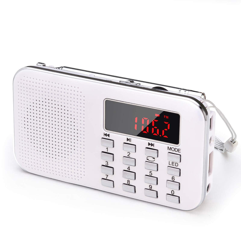 Mini Portable Radio AM FM Pocket Radio with MP3, LED Flashlight, Digital Radio Speaker Support Micro SD/TF Card/USB, Auto Scan Save, 1200mAh Rechargeable Battery Operated, by PRUNUS White