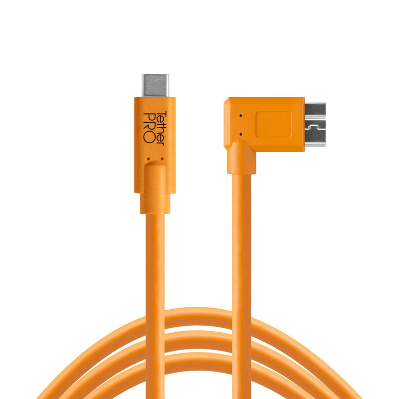 Tether Tools TetherPro USB-C to 3.0 Micro-B Right Angle Cable, 15', Orange Single Item