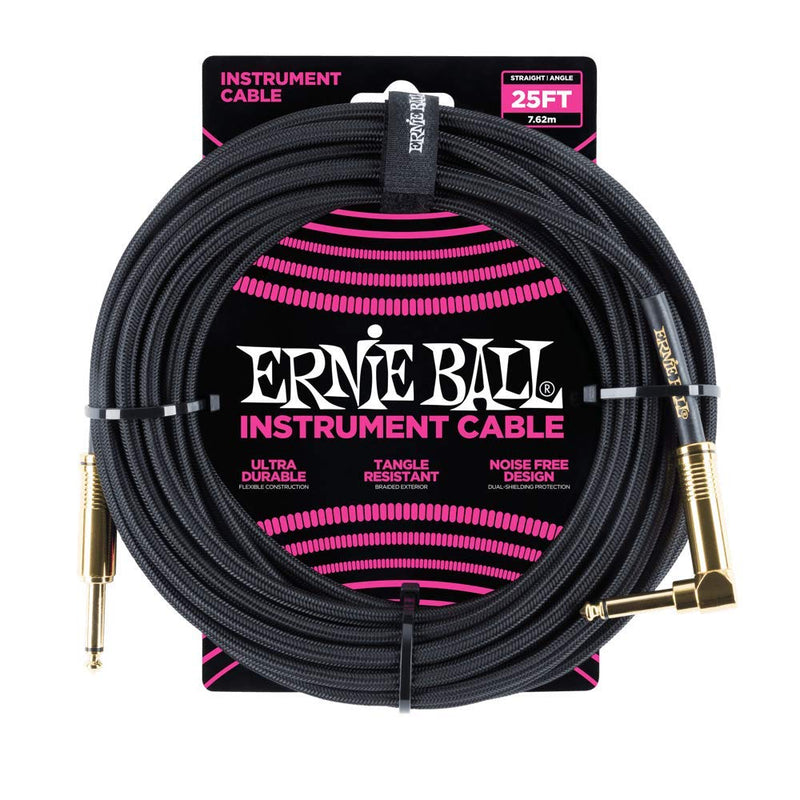 [AUSTRALIA] - Ernie Ball Braided Instrument Cable, Straight/Angle, 25ft, Black (P06058) 