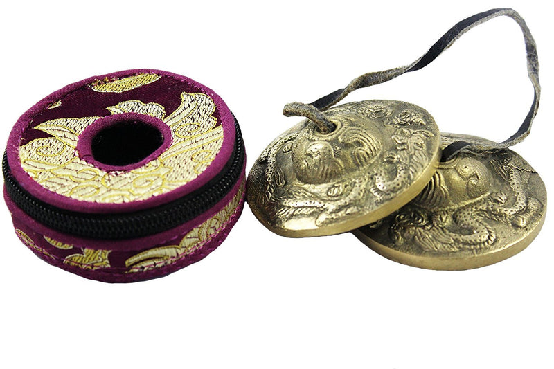 Tingsha/Tibetan Meditation Bell/Finger Cymbals with free Silk Case by Nepalese Handicraft Zone (Bronze)