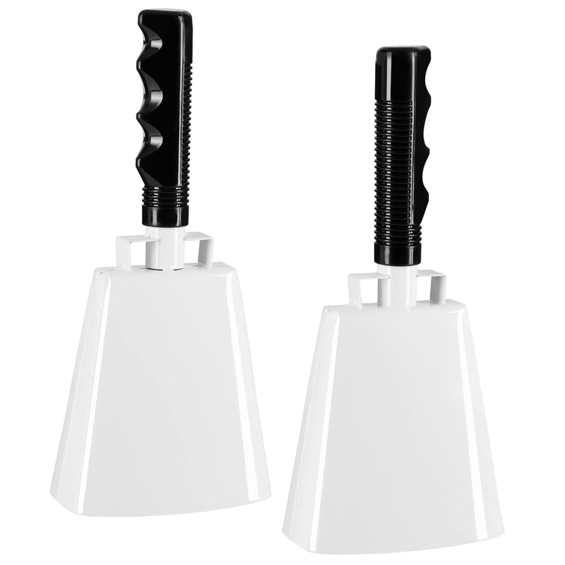 BLUE PANDA - 2 Pack 9-inch Cowbells for Sporting Events, Percussion Noise Makers with Handle for Football Games, Stadiums (White)