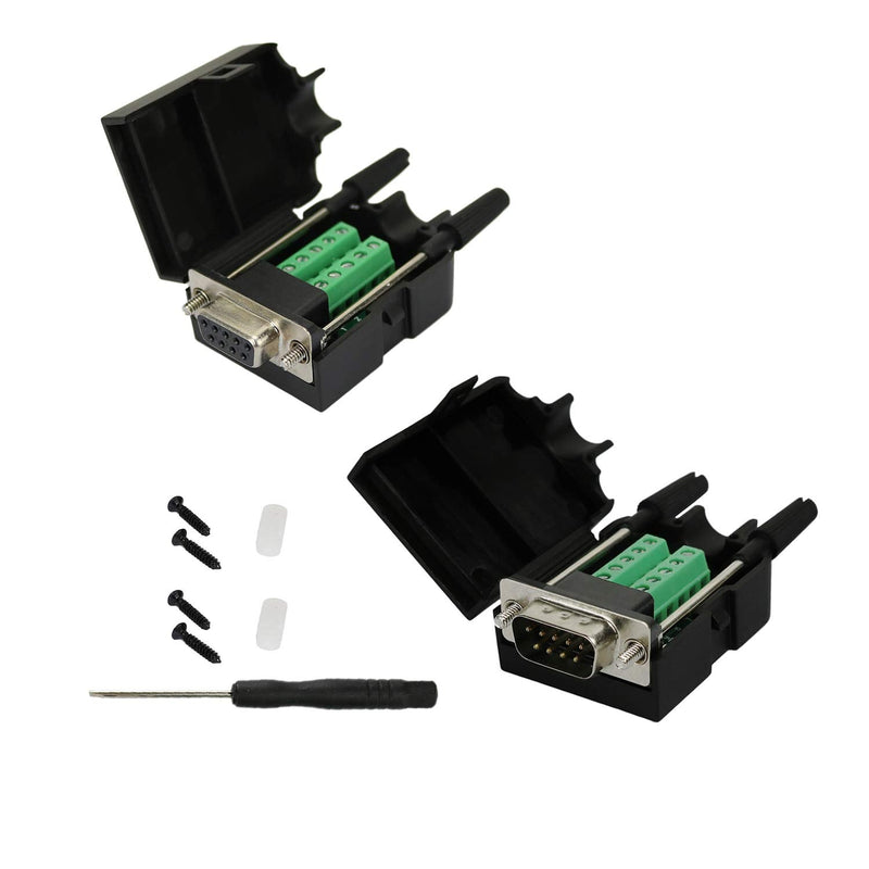 Avanexpress DB9 Connector to Wiring Terminal RS232 Serial Port Breakout Board Solder-Free (Male Adapter with Case x1, Female Adapter with Case x1)