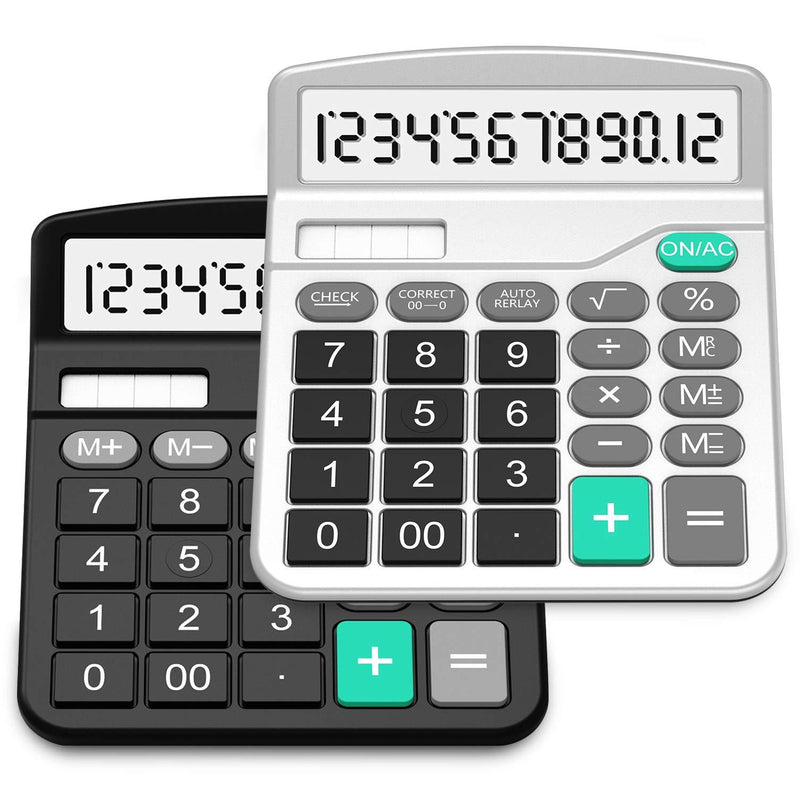Calculator, Splaks 2 Pack Standard Functional Desktop Calculator Sola and AA Battery Dual Power Electronic Calculator with 12-Digit Large Display (1 Basic Black&1 Updated Silver) 1 Black&1 Silver