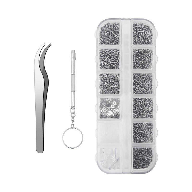 Sunglasses Eyeglasses Repair Kit, 1100PCS Tiny Stainless Steel Screws and 5 Pairs Nose Pads with Micro Screwdriver Tweezer for Watch Clock Spectacle Eye Glass Repair