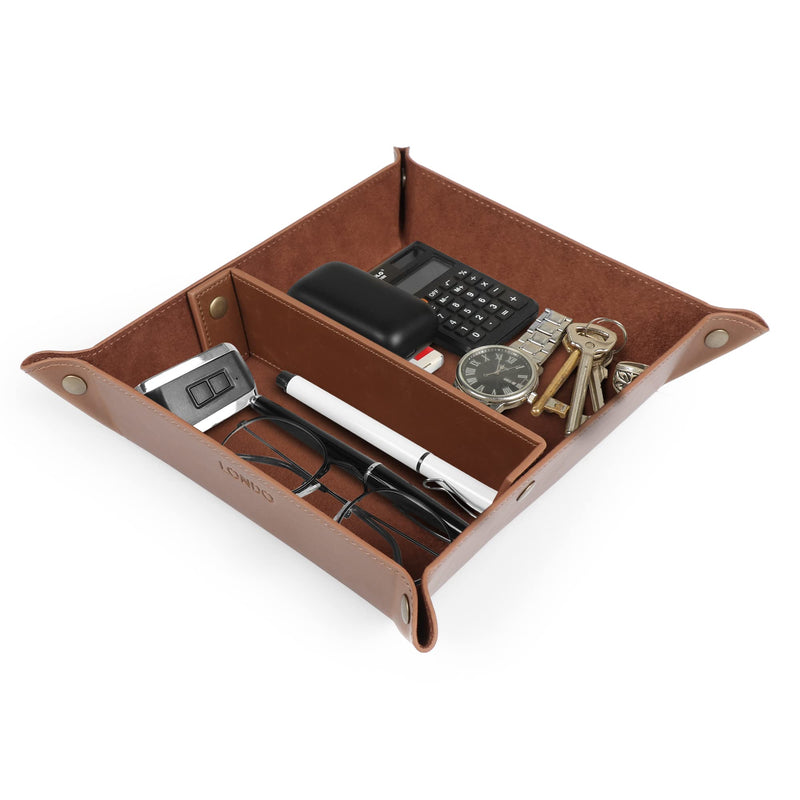 Londo Leather Tray Organizer - Practical Storage Box for Wallets, Watches, Keys, Coins, Cell Phones and Office Equipment Light Brown