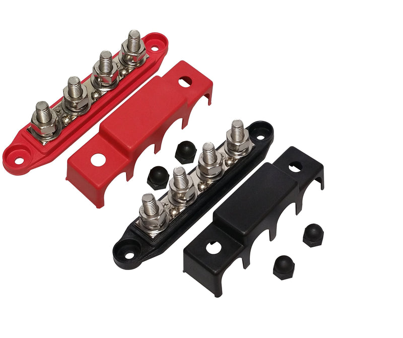 (Red & Black) 3/8" 4 Stud Bus BAR Power Distribution Block - Made in The USA - for Marine Battery Terminals, 12v Power and Ground Distribution Blocks - Terminal Block for Battery Terminals - BusBar Red & Black 3/8" - Pair
