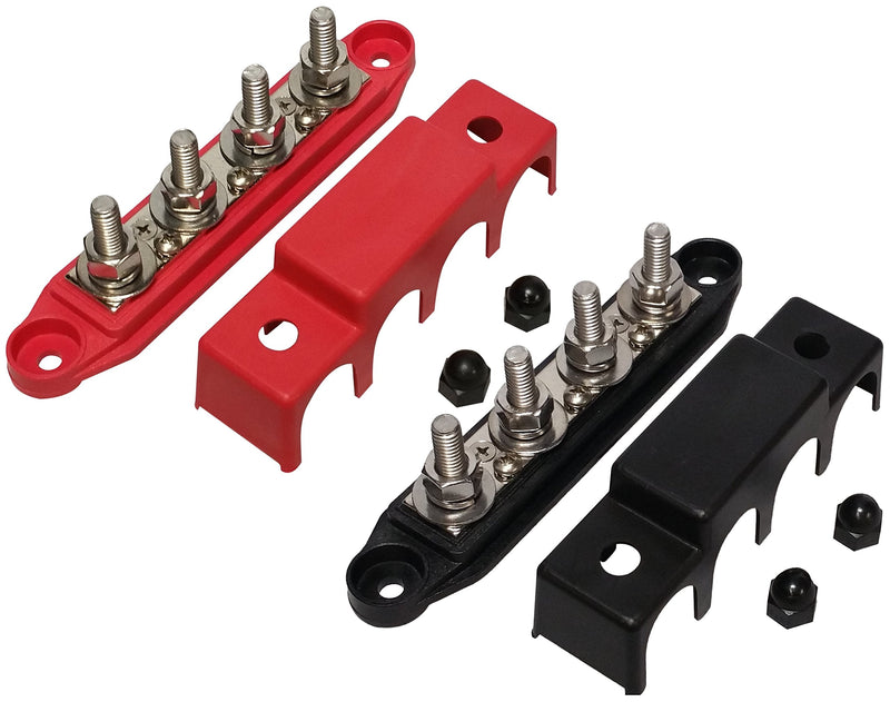 (Red & Black) 5/16" 4 Stud Bus BAR Power Distribution Block - Made in The USA - for Marine Battery Terminals, 12v Power and Ground Distribution Blocks - Terminal Block for Battery Terminals - BusBar Red & Black 5/16" - Pair