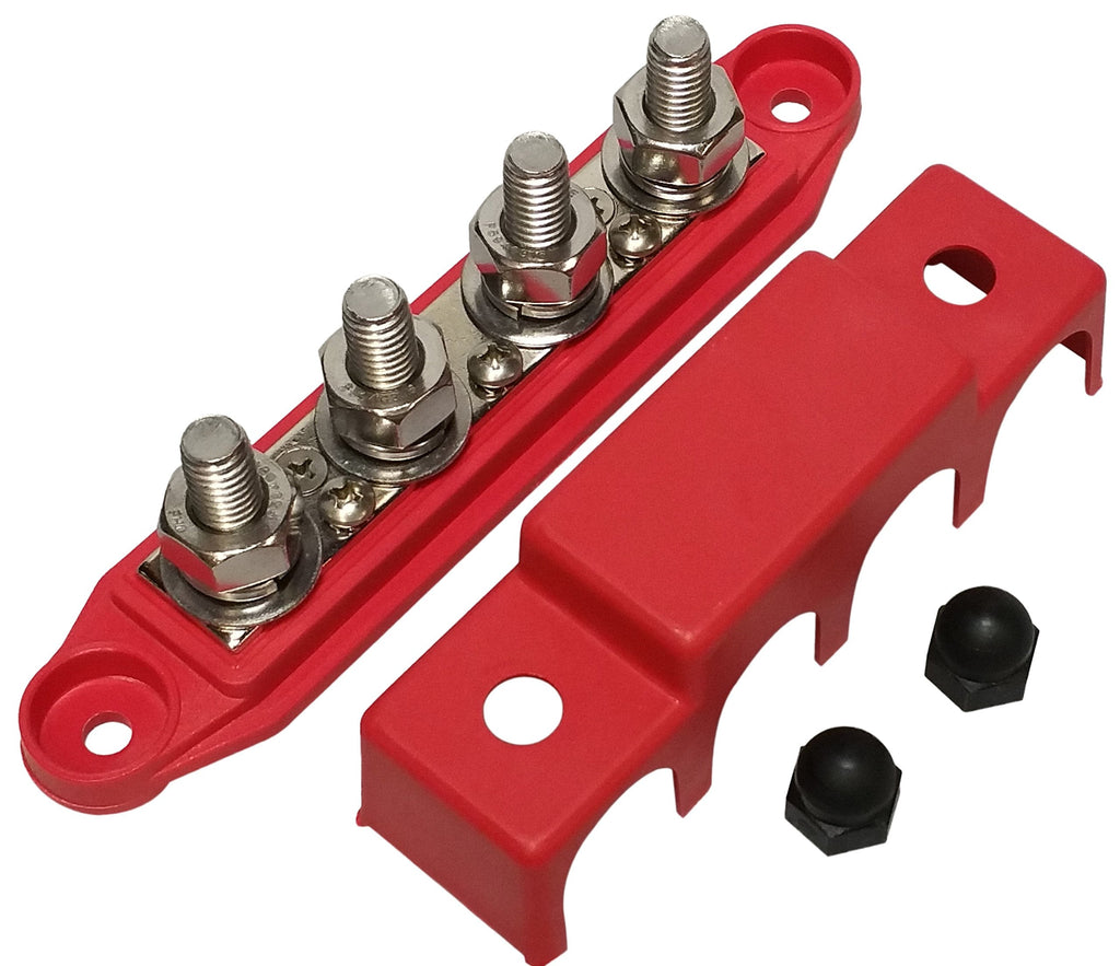 (Red) 3/8" 4 Stud Bus BAR Power Distribution Block - Made in The USA - for Marine Battery Terminals, 12v Power and Ground Distribution Blocks - Terminal Block for Battery Terminals - BusBar Red 3/8"