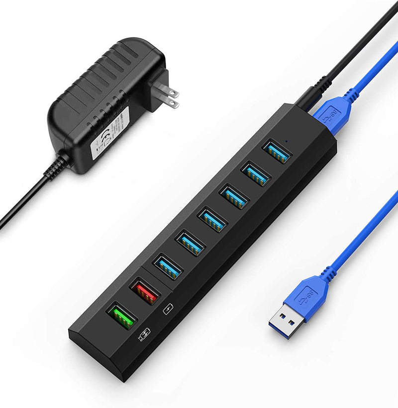 8-Port USB Hub, RAOYI USB Hub 3.0 Powered, 6 Port USB 3.0 Data Hub with 12V Power Adapter, 3.3ft USB Cable for MacBook, Mouse, Laptop, PC, USB Flash Drives, HDD Hard Drive (Black) Black