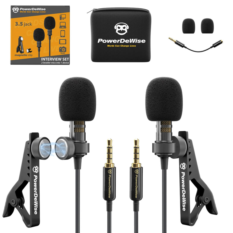 PowerDeWise Professional Grade 2 Lavalier Clip-On Microphones Set for Dual Interview - Double Lav Lapel Microphone - Use for iPhone Phone Camera - Video Recording Noise Cancelling 3.5mm Mic Black