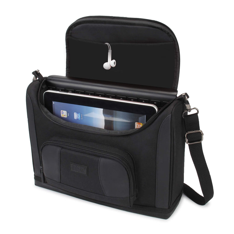 USA GEAR Tablet Bag Compatible with 11 inch iPad Pro, 10.9 inch iPad Air, 10.2 inch iPad - Compact Messenger Bag with Durable Exterior, Soft Adjustable Interior Fits Keyboard, Charger, More (Black) Black