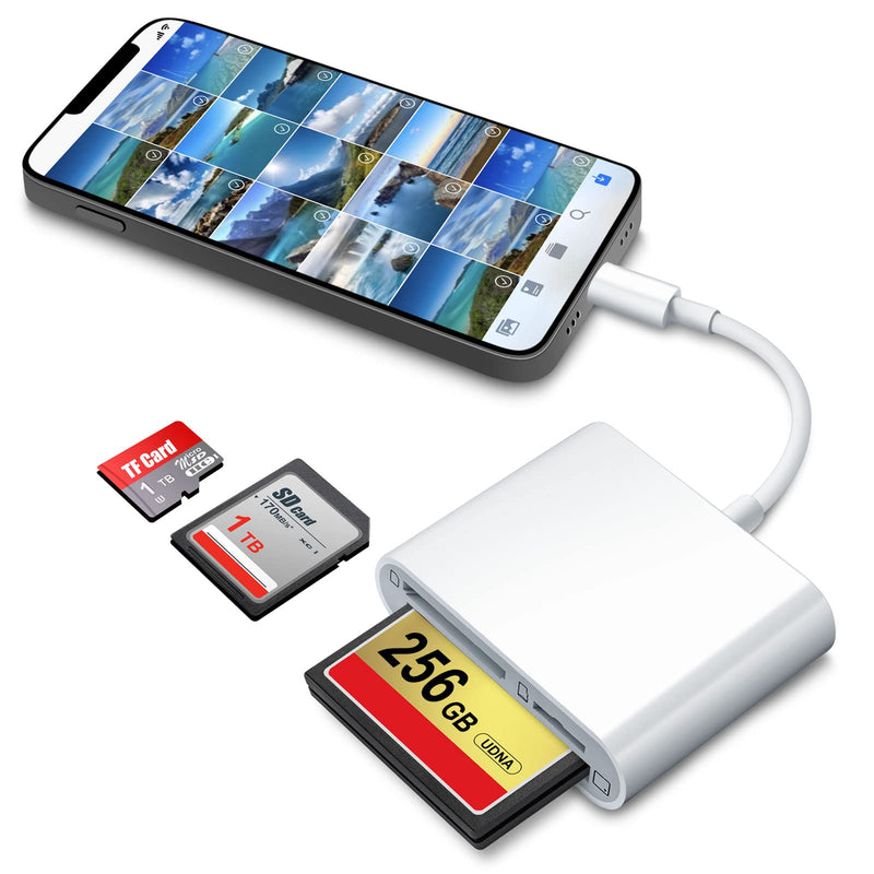 CF Card Reader for iPhone iPad, SD CF Micro SD TF Memory Card Reader Adapter Digital Camera Reader Trail Game Camera Viewer for iPhone X/8 Plus/8/7 Plus/7/6s Plus, iPad Mini/Air, No App Required