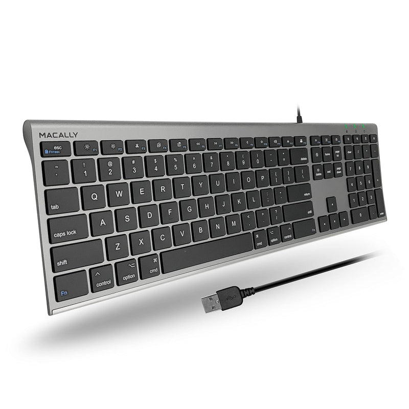 Macally Ultra-Slim USB Wired Computer Keyboard - Works Great as Both a Windows or Wired Mac Keyboard - Compatible Full Size Apple Keyboard with Numeric Keypad for Mac Mini, iMac, MacBook - Space Gray Space Grey