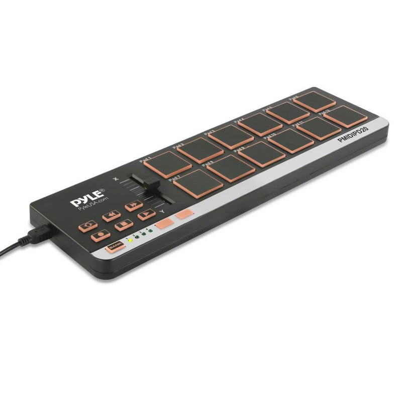 USB MIDI Controller Drum Pad - Upgraded Mini Portable Beat Maker Workstation Equipment w/12 Drum Pads, DJ Fader Slider & Transport Buttons - Control any DAW Software Kit - Pyle PMIDIPD20_0