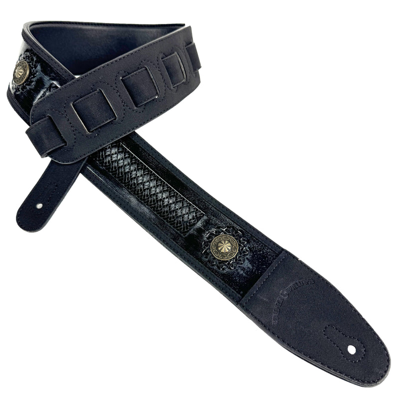 [AUSTRALIA] - Walker & Williams GE-102 Antique Black Padded Strap With Tooled Barcelona Weave And Brass Conchos 