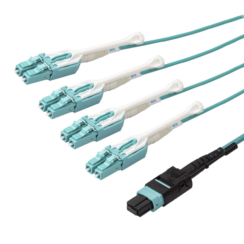 StarTech.com 2m (6ft) MTP(F)/PC to 4X LC/PC Duplex Breakout OM3 Multimode Fiber Optic Cable, 40G, Fiber Jumper Cord | 40Gbps breakout jumper, Optic Cable, OFNP plenum, Aqua, EMI immune, Connects 40GBase-SR4 QSFP+ to four LC SFP+ 6 ft / 2 m