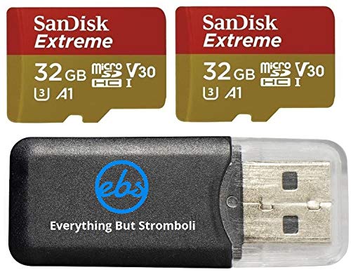 32GB SanDisk Extreme (Two Pack) 4K Micro Memory Card (SDSQXAF-032G-GN6MA) UHD Video Speed 30 UHS-1 V30 32G MicroSD HC Bundle with Everything But Stromboli Card Reader