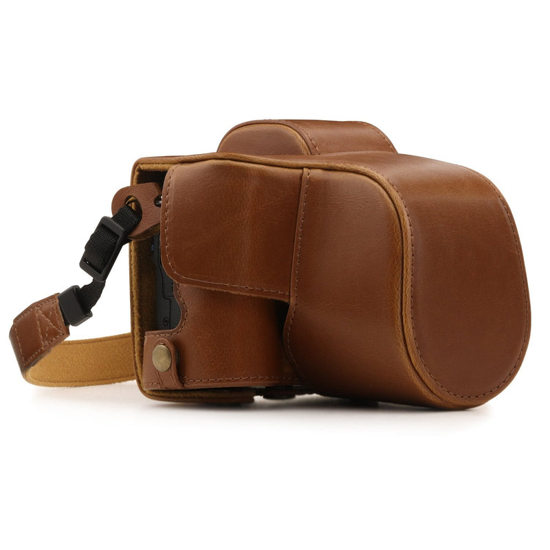 MegaGear Canon EOS M50 Leather Camera Case - Premium PU Leather Protective Cover, Ever Ready Design with Battery Access - 15-45mm Lens - Light Brown