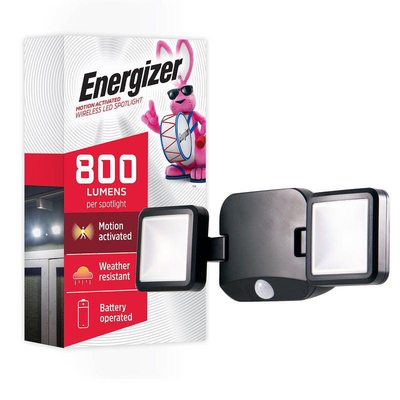 [AUSTRALIA] - Energizer LED Flood Light Outdoor, Security Light, 2 Head, Wireless, Battery Operated, 800 Lumens, Swivels & Rotates, Weather-Resistant, Motion Sensor Outdoor Light, Black, 1 Pack, 40776 
