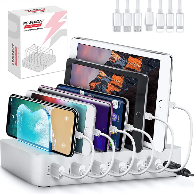 USB Charging Dock - 6-Port - Fast Charging Station for Multiple Devices Apple - Multi Phone Charger Station - Charging Station - for Apple iPad iPhone and Android Cell Phone and Tablet 6-Port Silver 1-pack