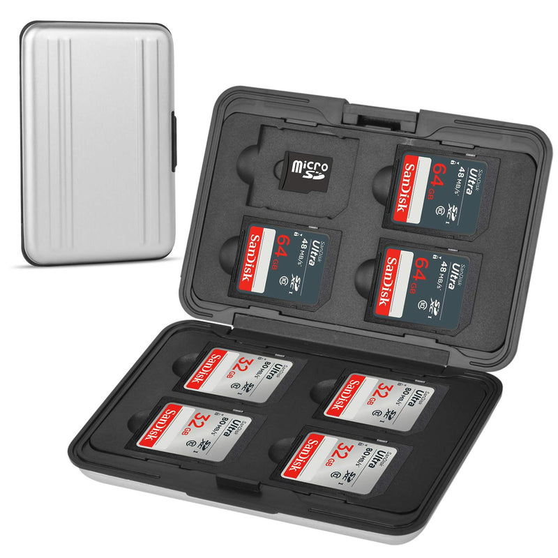 Qkenvo Aluminum Shock Resistant Carrying Box Holder Memory Card Storage Box Case Holder 8 Slots for SD SDHC MMC Micro SD TF Cards Silver