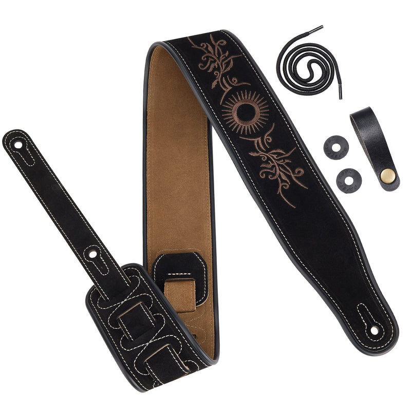 [AUSTRALIA] - Amumu Embroidered Suede Leather Guitar Strap for Acoustic, Electric and Bass Guitar - Black Sun-flower Embroidered 