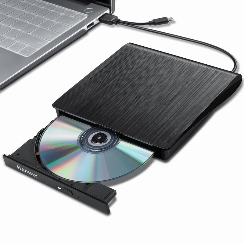 [AUSTRALIA] - Haiway External DVD Drive, USB 3.0 Type-C CD Burner Portable CD DVD +/-RW Optical Drive Slim CD DVD ROM Rewriter CD/DVD Player Writer Reader for Laptop Desktop MacBook PC Windows Linux Mac OS (Black) USB 3.0 USB-A & USB-C BK 