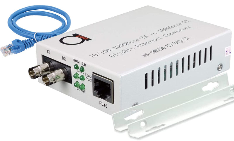 Single Mode ST Gigabit Fiber Media Converter to Ethernet RJ45, 20km/12.4mi | 1310nm dual-fiber, built-in ST module - copper Cat5e or Cat6, auto-sensing 10/100/1000, jumbo frame, LLF, cord in box