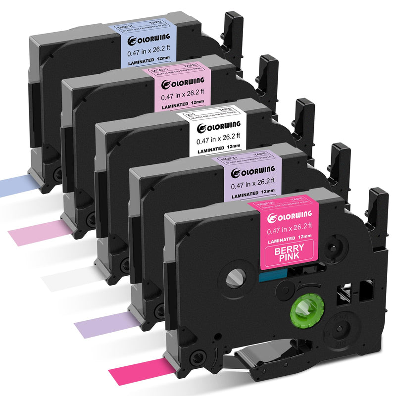 [AUSTRALIA] - 5-Pack Compatible Brother P-Touch Label Tape TZe TZ Tape 12mm 0.47 Laminated Label Maker Tape, for Brother Ptouch PT-D210 PT-H110 PT-D220 PTD610BT D400 D600, White/Berry Pink/Purple/Pink/Blue White / Berry Pink / Pastel Purple / Pastel Pink / Pastel Blue 