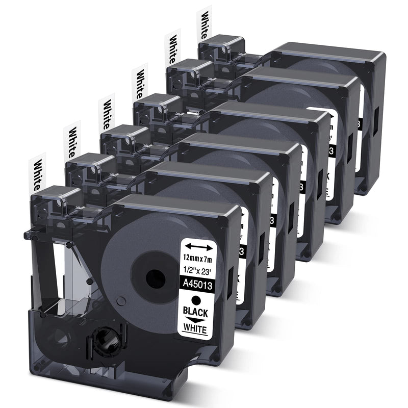 [AUSTRALIA] - 6-Pack Compatible Dymo D1 Label Tape 45013 1/2 Inch x 23 Ft Replace DYMO Label Maker Refills d1 a45013 S0720530, Black on White, for Dymo LabelManager 160 280 210D 360D 420P PnP 1/2 inch x 23 feet(12mm x 7m) 