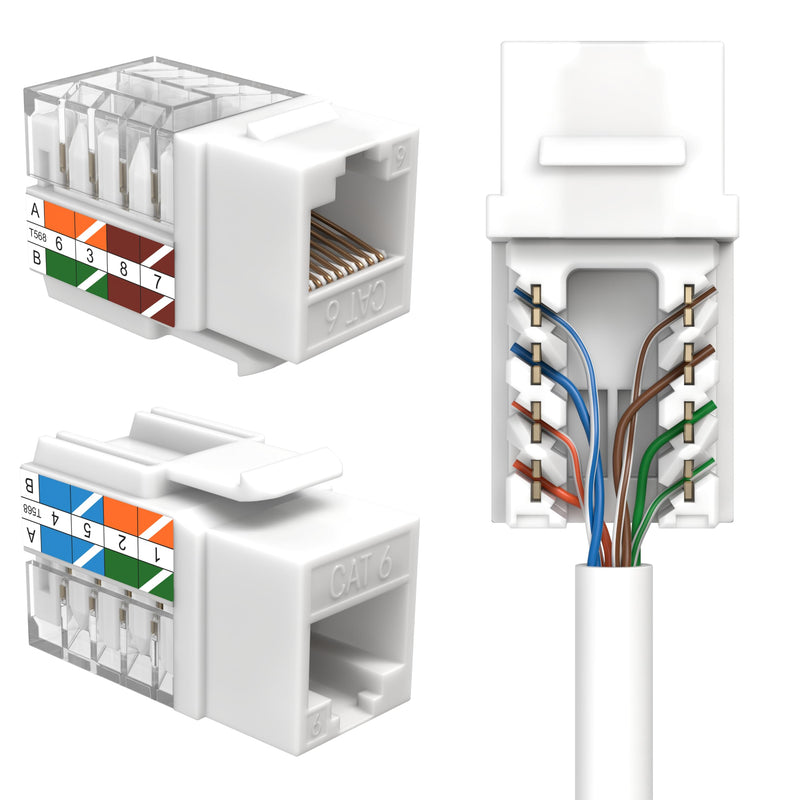 SATMAXIMUM 50 Pack Cat6 Keystone Ethernet Wall Jacks RJ45 Punch Down Slim Profile UTP White, 45 Degree for Patch Panel & Wall Plate, Supports Up to 10Gbps 50 PCS