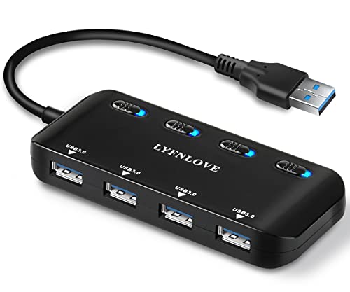 Multi USB Port Expander, LYFNLOVE Ultra Slim USB Hub 3.0, 4-Ports USB Splitter High-Speed USB Data Hub with Individual On/Off Power Switches for Laptop, Computer, PC, Thumb Driver and More 4 port USB Hub