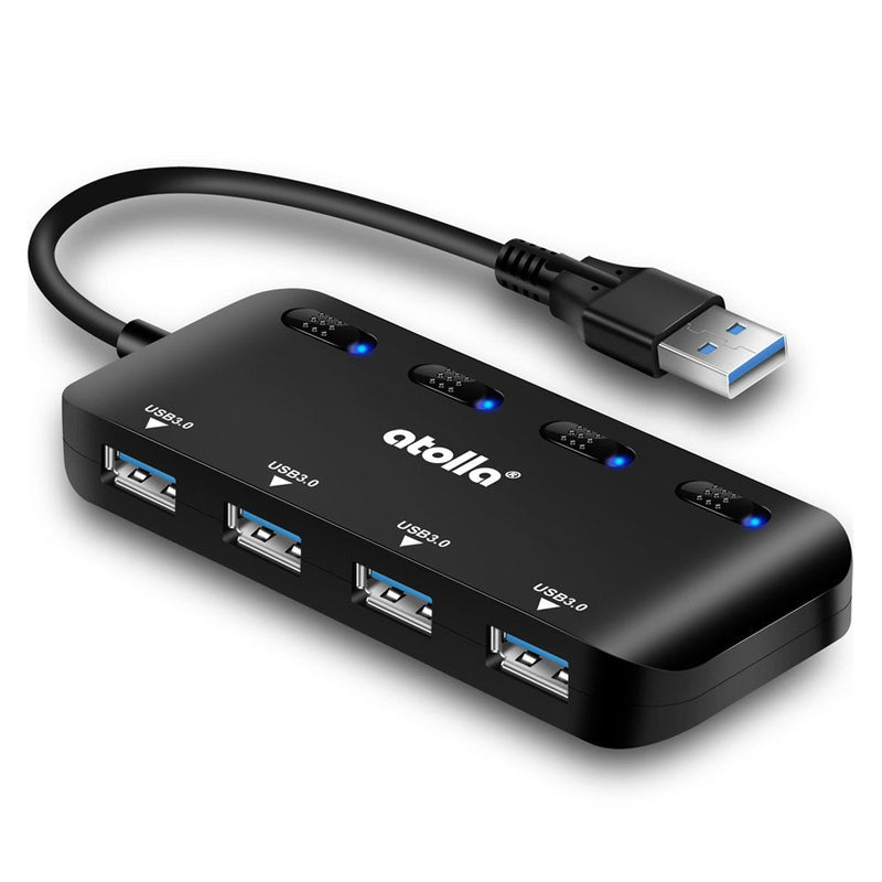 USB 3.0 Hub Splitter - USB Extender 4 Port USB Ultra Slim Data Hub with Individual Power Switch and LED 0.5 FT