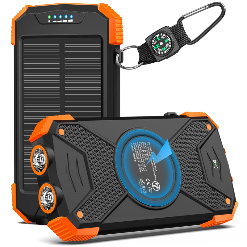 [AUSTRALIA] - BLAVOR Solar Power Bank 10,000mAh, Portable Wireless Charger, 20W Fast Charging External Battery Pack with USB C for Cell Phones, Solar Panel Charging with Dual Flashlight for Camping Orange 