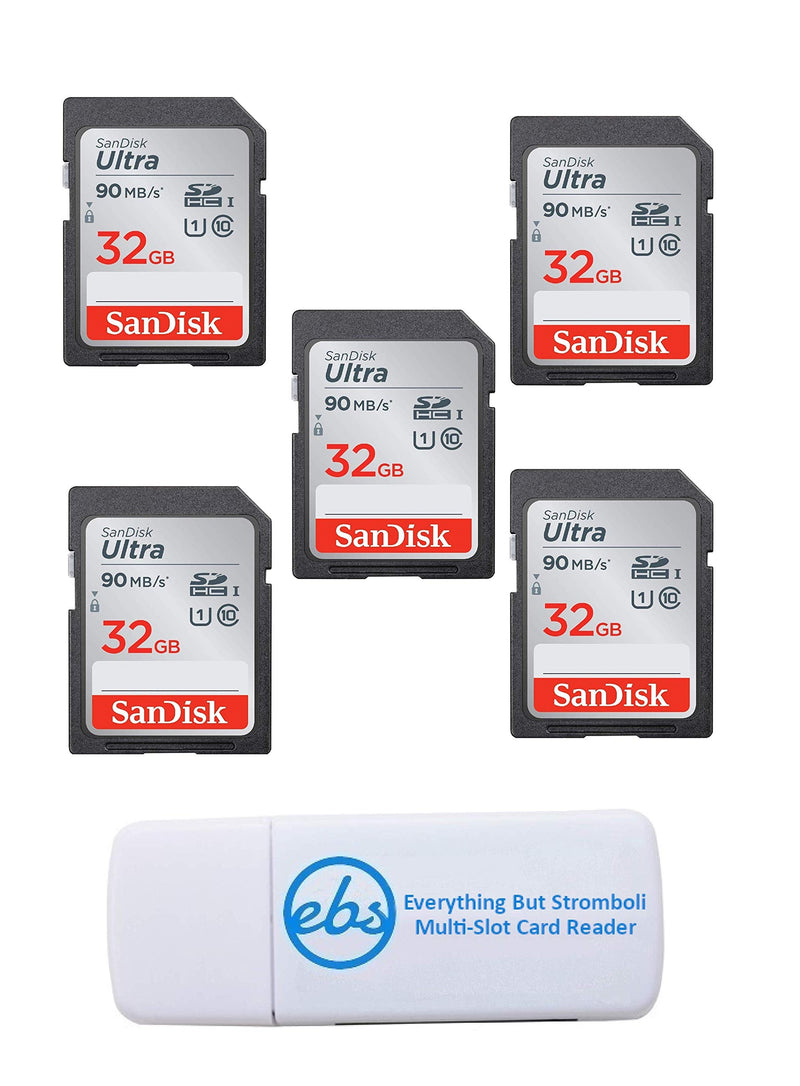 SanDisk Ultra - 5 Pack Bundle UHS-I Class 10 SD Flash Memory Card Retail (SDSDUNC-032G-GN6IN) - With Everything But Stromboli (TM) Combo Card Reader 32GB