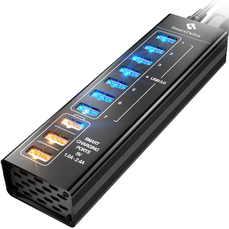 SmartDelux Powered USB Hub - 10-Port USB 3.0 Hub with 7 USB 3.0 Ports, 3 Smart Charging Ports, Power Adapter, Long Cord, LEDs - Black Aluminum 10-port USB Hub