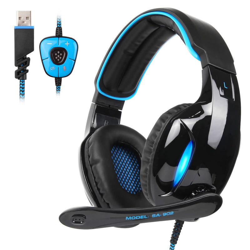 SADES Newest SA902 7.1 Channel Virtual Surround Sound USB Gaming Headset Over-ear Headphones with Noise Isolating Mic LED Light for PC Mac Computer Gamers(Black Blue) SA902Black