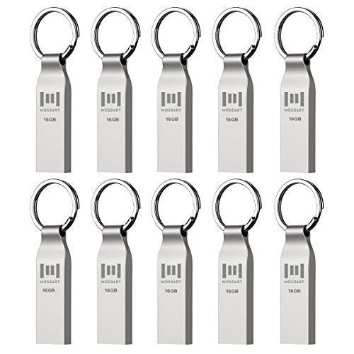 MOSDART 16GB Metal USB 2.0 Flash Drive 10 Pack Bulk Waterproof 16G Thumb Drive Jump Drive Pen Drive Memory Stick with Keychain,Silvery 10Pack 16GB-Silver