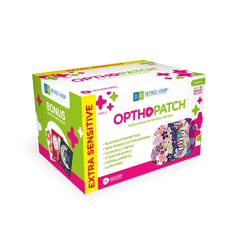 Opthopatch Kids Eye Patches - Fun Girls Design [Series II] - 90 + 10 Bonus Latex Free Hypoallergenic Cotton Adhesive Bandages for Amblyopia and Cross Eye - 3 Reward Chart Posters by Defined Vision