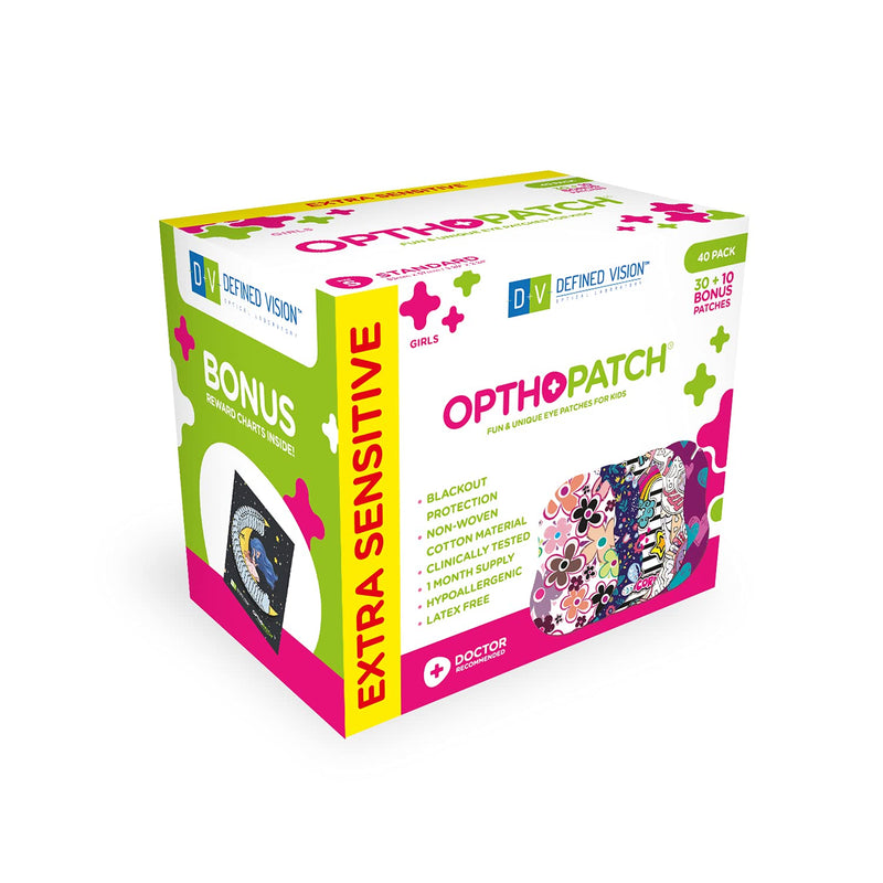 Opthopatch Kids Eye Patches - Fun Girls Design [Series II] - 30 + 10 Bonus Latex Free Hypoallergenic Cotton Adhesive Bandages for Amblyopia and Cross Eye - 3 Reward Chart Posters by Defined Vision