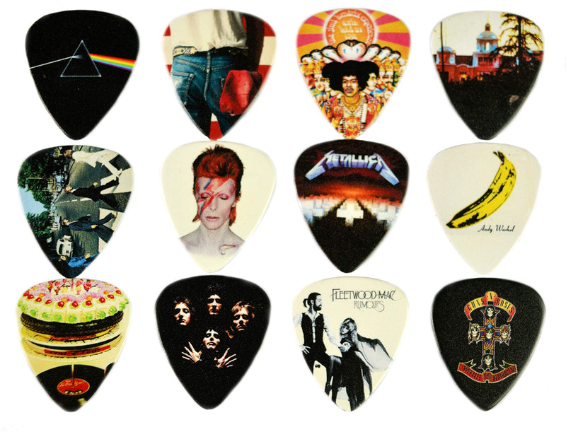 [AUSTRALIA] - 12 x Classic Albums Guitar Pick Set. Guitar Plectrums For Every Guitarist. Double Sided Printing. Picks Sized 0.46, 0.71, 0.81, 0.88, 0.96 And 1.2 mm Included (Set 1) 