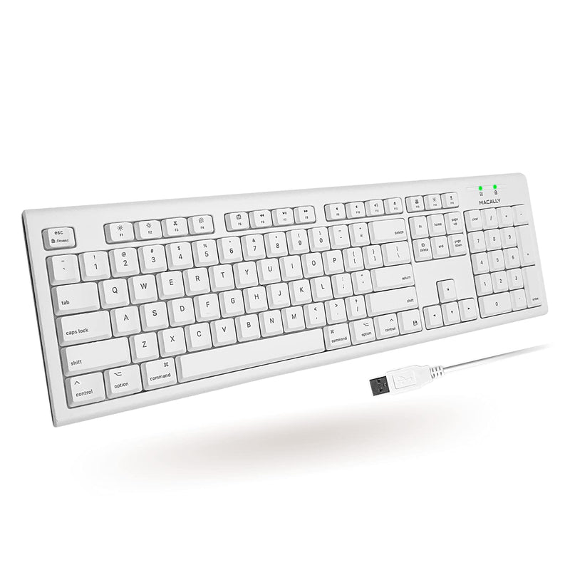 Macally Full-Size USB Wired Keyboard for Mac Mini/Pro, iMac Desktop Computer, MacBook Pro/Air Desktop w/ 16 Compatible Apple Shortcuts, Extended with Number Keypad, Rubber Domed Keycaps - Spill Proof white