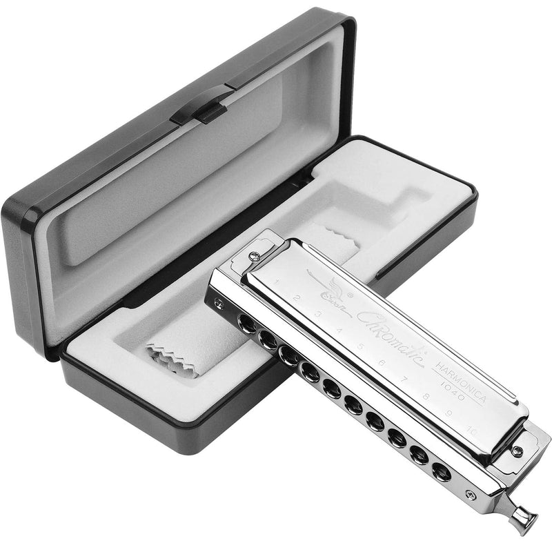 [AUSTRALIA] - Chromatic Harmonica Key of C 10 Hole 40 Tone with Case for Professional Player Adult Beginner Students, Excellent Gift for Music Fan - Silver Best Music Gift 