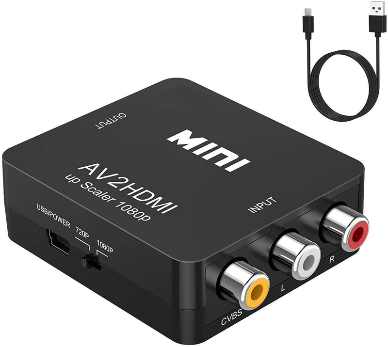 RCA to HDMI Converter,Mini Composite AV to HDMI Video Adapter Box for Smart TV/VCR/DVD/VHS Player/Roku/PS2 Game Console/N64/Wii,with USB Power Cable,Supporting PAL/NTSC Black