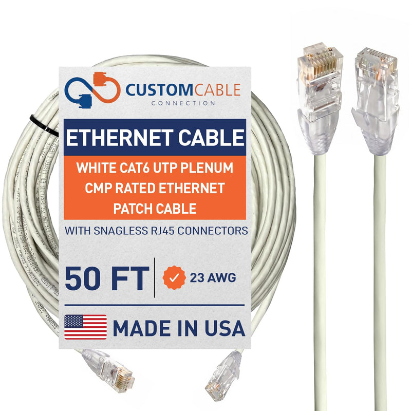 Custom Cable Connection 50 Foot White Cat6 UTP Plenum CMP Rated Ethernet Patch Cable